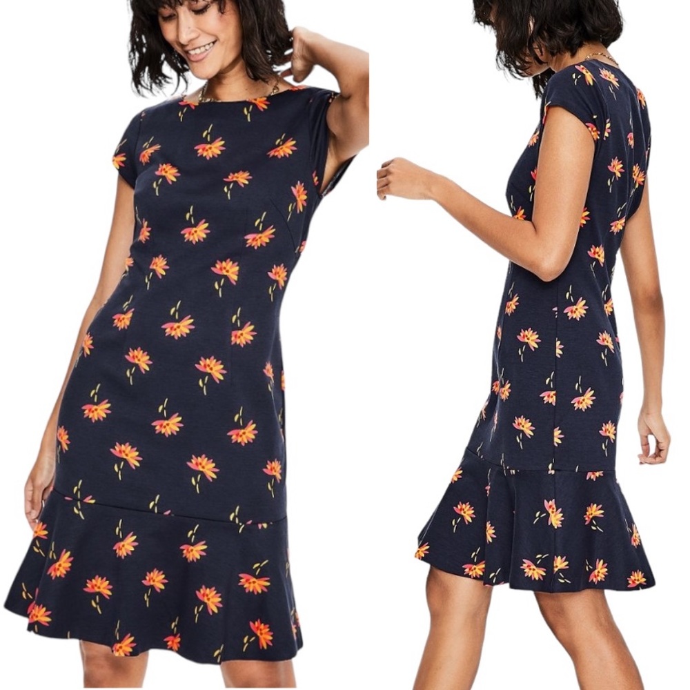 NWT Boden Rosetta Navy Blue Yellow Floral Ponte Knit Ruffle Dress - 6